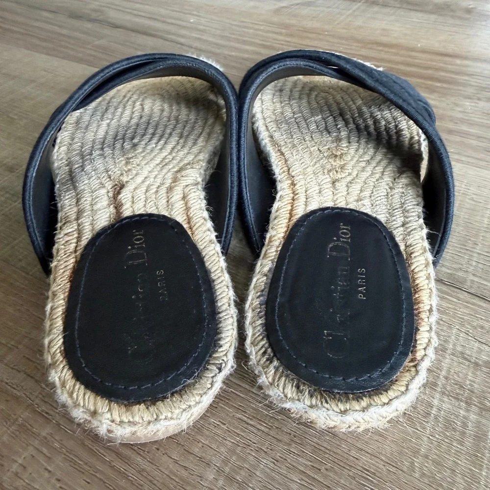 Christian Dior D-Way Espadrille Slides Black Canvas Cross Strap Sandals 37.5